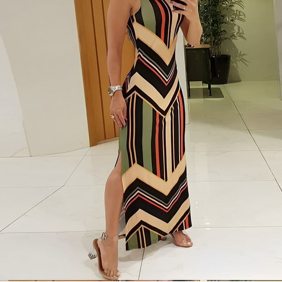 Vestido Listrado com Fenda Lateral